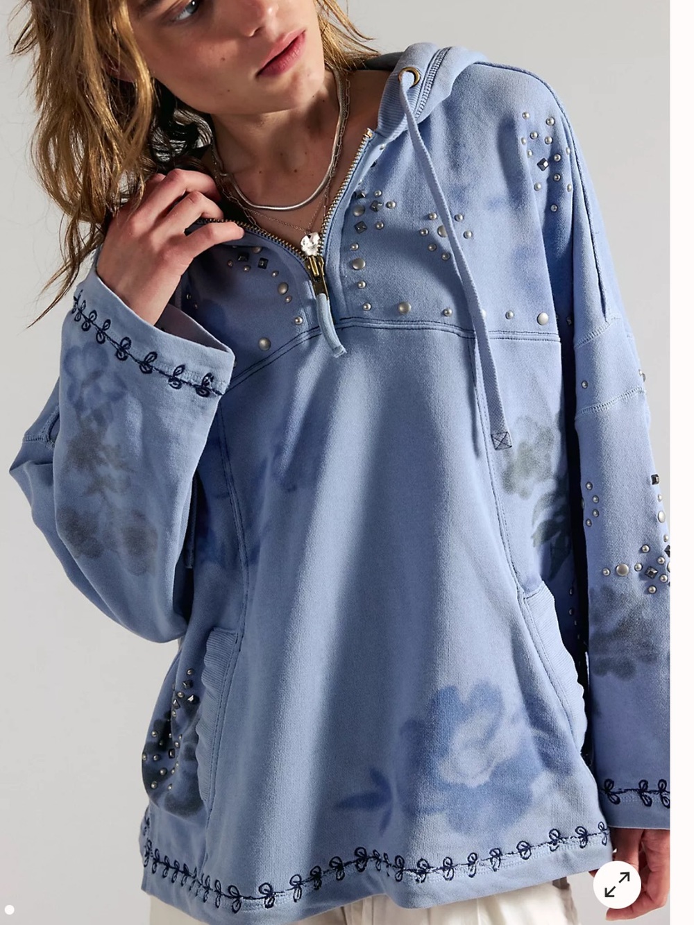 1Z1.NWT  Free People We The Free Silver Half-Zip Hoodie Blue Studded Floral $248